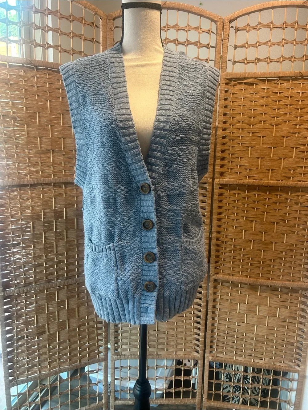 Free People oversized Light Blue Chunky Knit Button-Front Sleeveless Vest